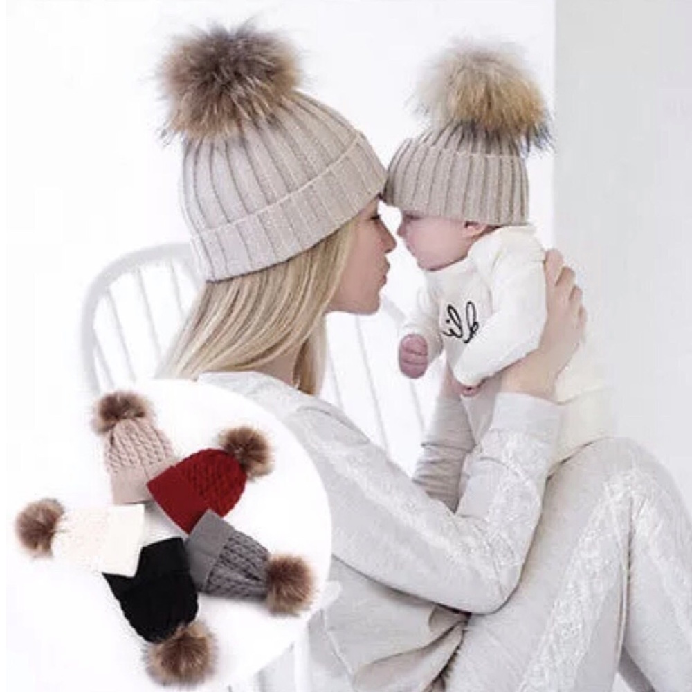 Mommy and Me Knitted Hat with Faux Fur Ball